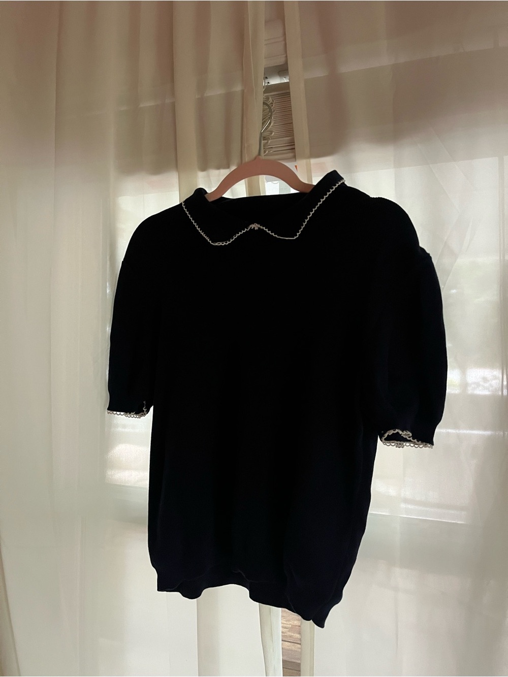 Zara Navy Blue Puff Sleeve Sweater with Contrast Trim